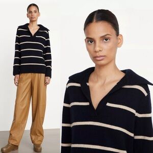 Vince Striped Cashmere Blend V Neck Sweater in Coastal & Desert Clay Medium